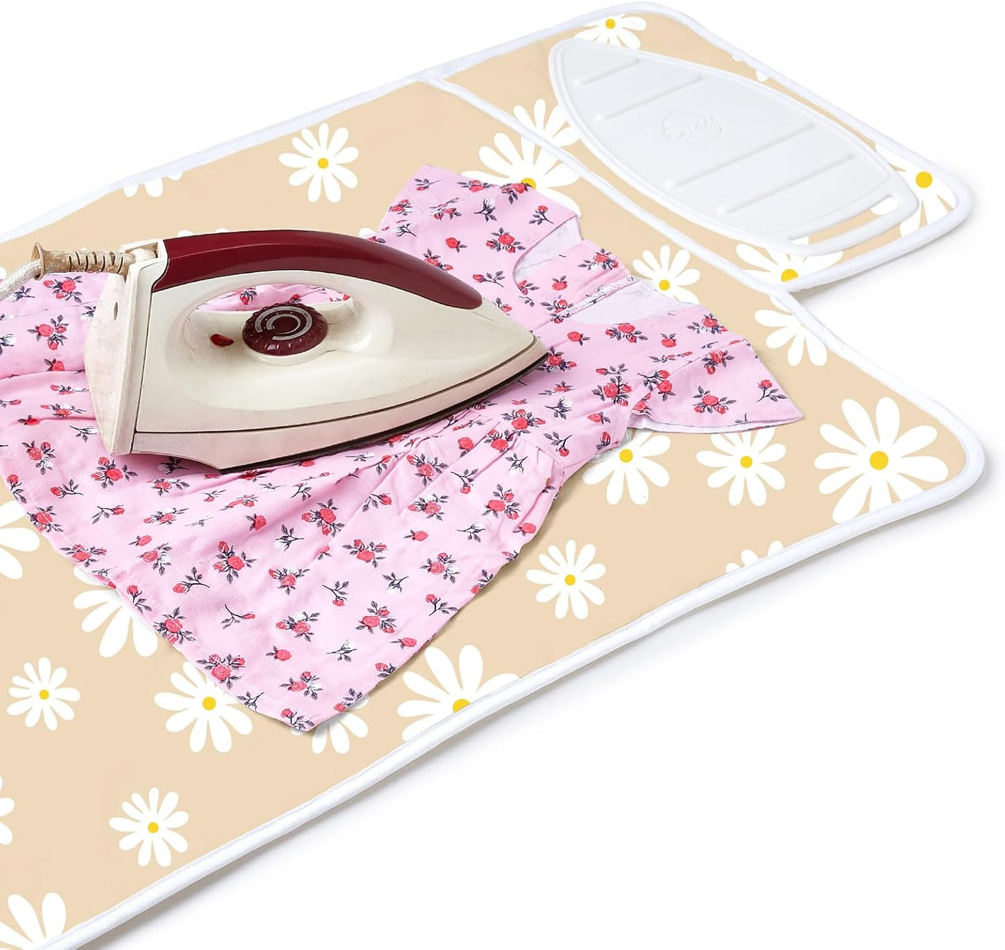 Encasa Homes Ironing Mat/Pad (Small 28"x20") with 3mm Padding & Silicone Iron Rest for Steam Pressing on Tabletop or Bed - Heat Resistant, Portable, Quilting & Travel Blanket - Daisy Beige