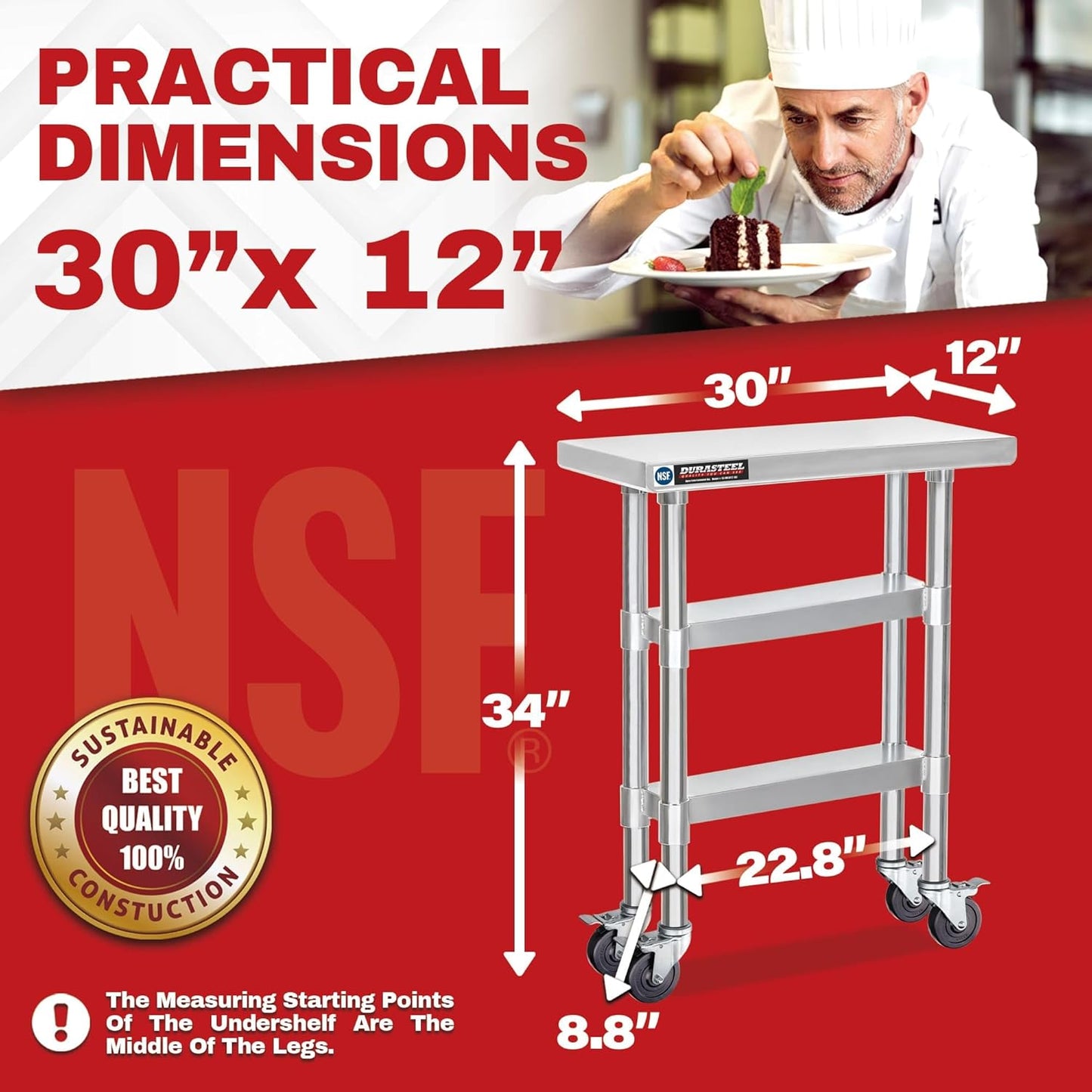 DuraSteel Stainless Steel Work Table 30" x 12" x 34" Height w/ 4 Caster Wheels - Food Prep Commercial Grade Worktable - NSF Certified - Good for Restaurant, Business, Warehouse, Home, Kitchen, Garage