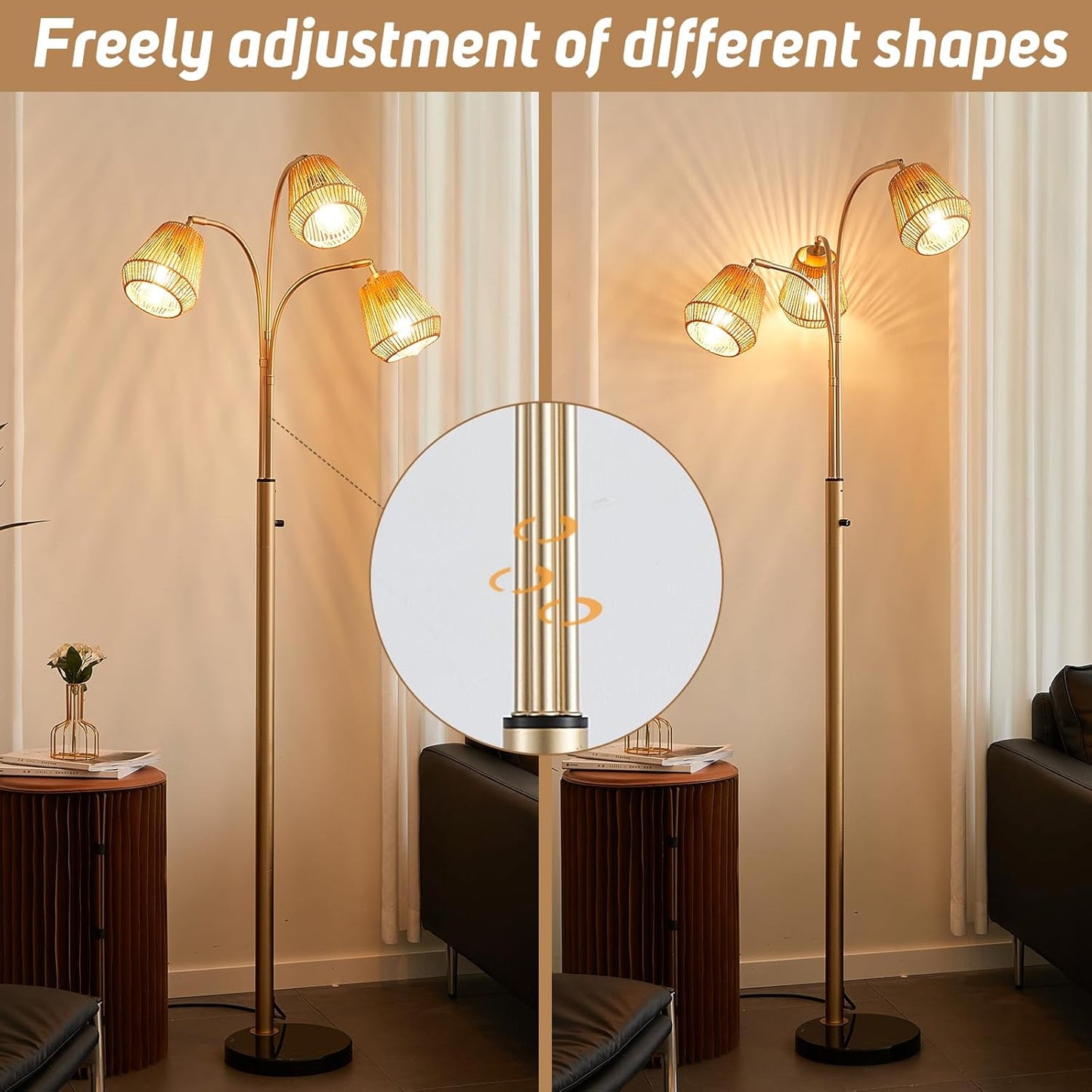 Gold Rattan Floor Lamp for Living Room, 72 Inch Tall Boho Floor Lamp with Rotary Switch, 3 Lights Arc Lamp with Wicker Shade for Coastal,Bohemian,Modern,Tree Farmhouse Standing Lamp