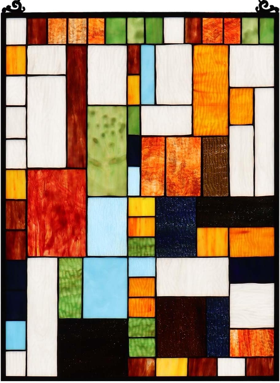 Bieye Geometric Color Block Tiffany Style Stained Glass Window Panel with Hanging Chain (18x25 inches W10092)