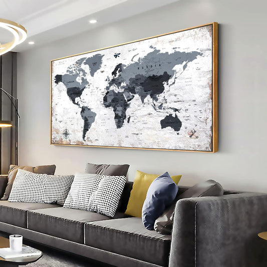 Framed wall art World Map Wall Art Canvas Picture 30inchx60inch Large Black and white Map of The World Canvas Painting Artwork Prints for Office Wall Decor Home Living Room Decorations Framed Ready to Hang