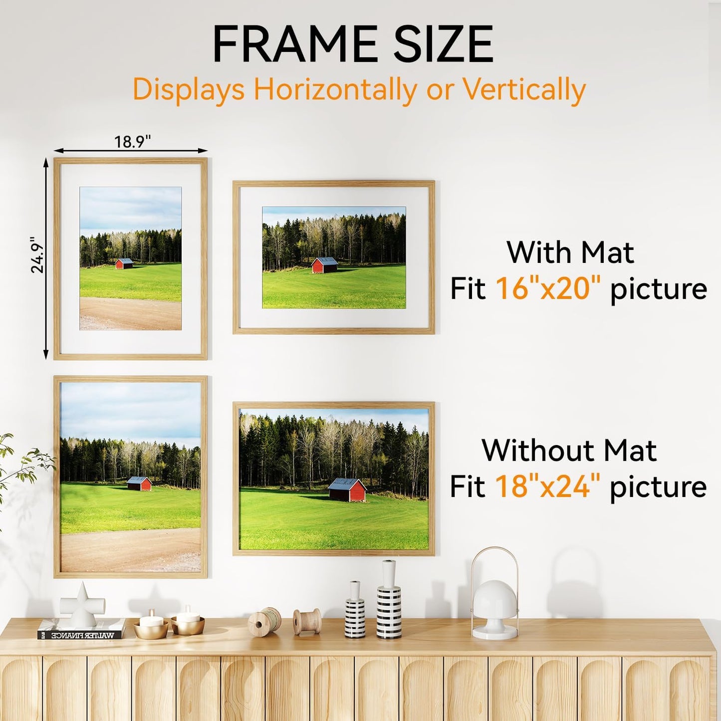 IBUYKE 18x24 Picture Frame,Solid Oak Wood 18x24 Photo Frame with Mat to 16x20,18x24 Picture Frames With Tempered Glass,Wall Mount Display,Home Decor,Natural Oak 24 x 18 Frame,UWPF1824N