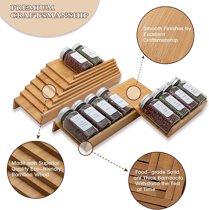 Bamboo Spice Rack Drawer Organizer - 8-Piece Set - 13" Wide Per Piece - Combine Into 26" Wide Rack