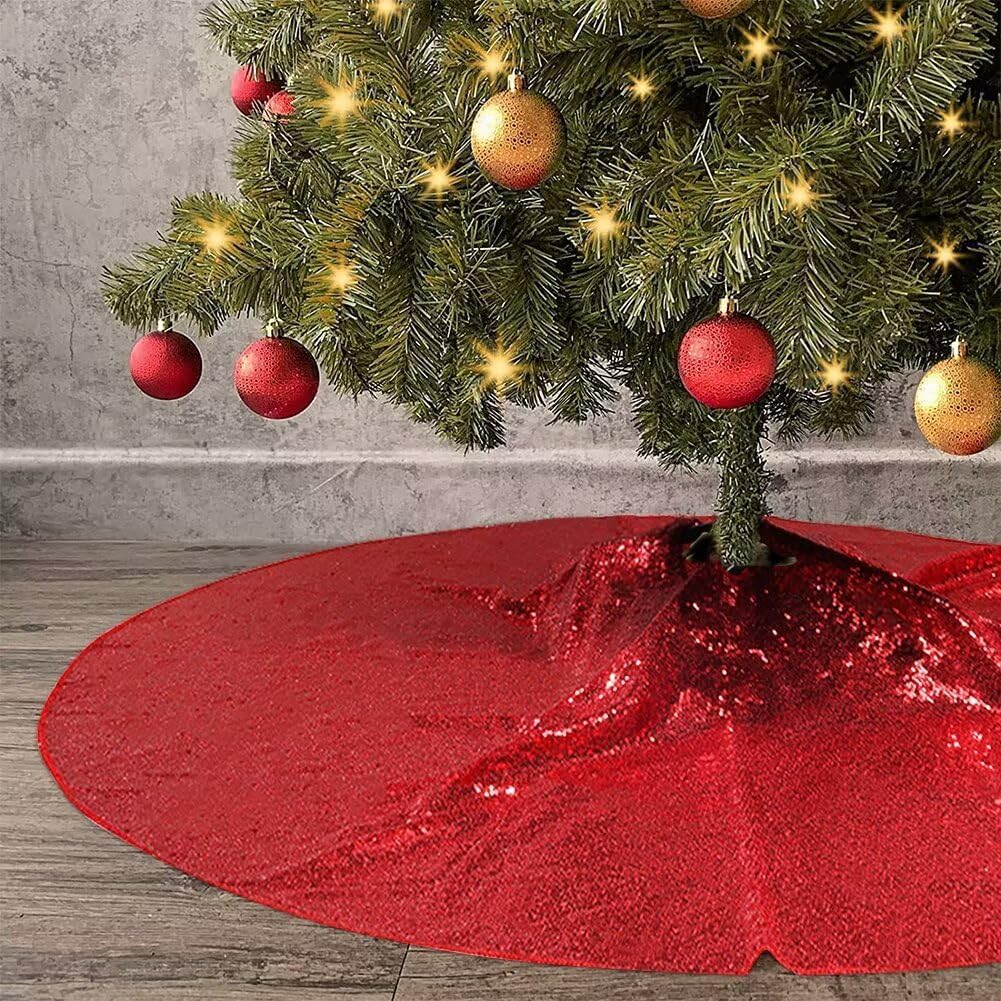 Eternal Beauty Christmas Tree Skirt, 50 Inch Red Sequin Tree Skirt Small Xmas Tree Skirt for Christmas Tree Decorations
