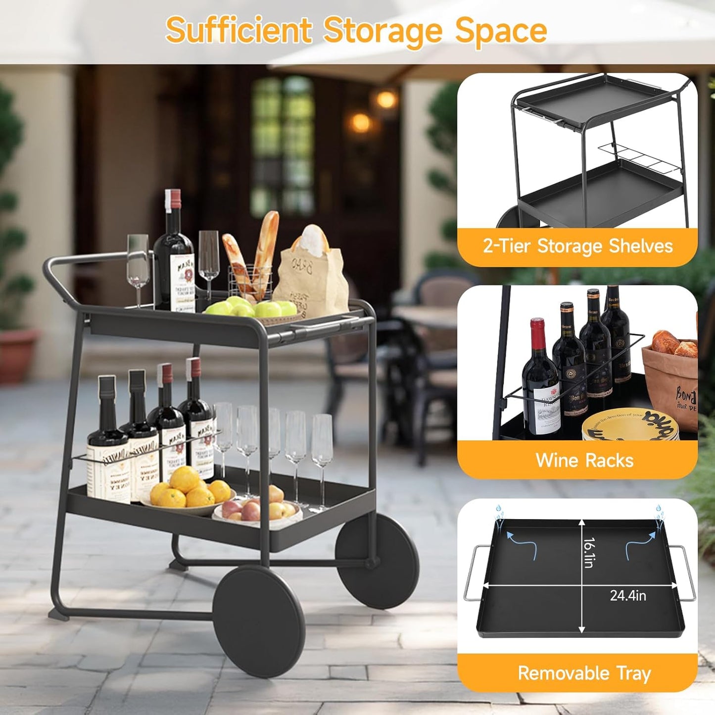 Outdoor Grill Cart Table with Extra-Large Wheel, 24" x 16" Removable Tray & Ergonomic Handle, Indoor and Outdoor Pizza Oven Table for Garden Patio BBQ Kitchen Food Prep Cart for Party