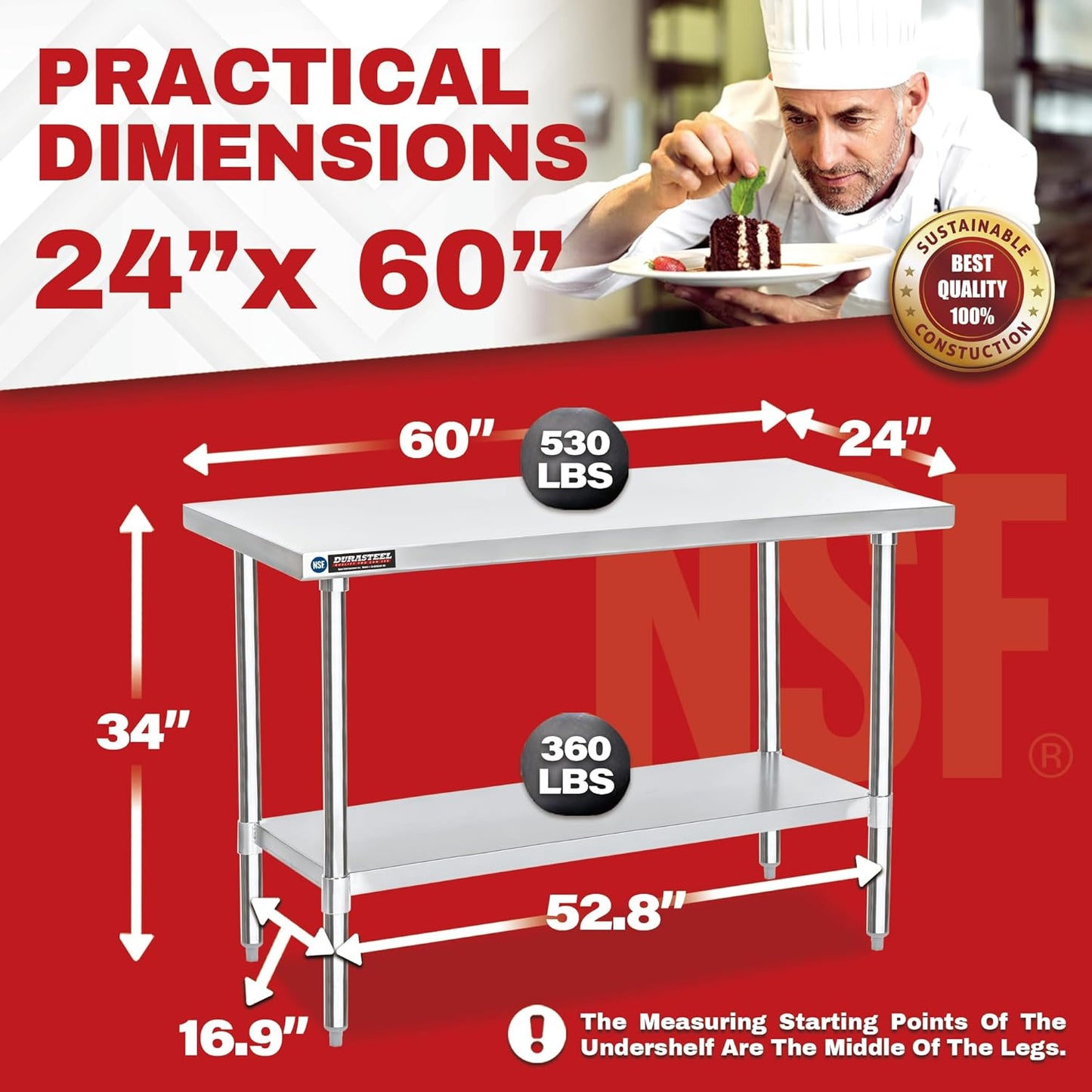 DuraSteel 24x60 Stainless Steel Work Table - NSF Commercial Prep Metal Table - Outdoor Pizza Oven Stand w/Under Shelf - Kitchen Island Laundry Utility Garage Microwave Stand Large Rolling Storage Cart