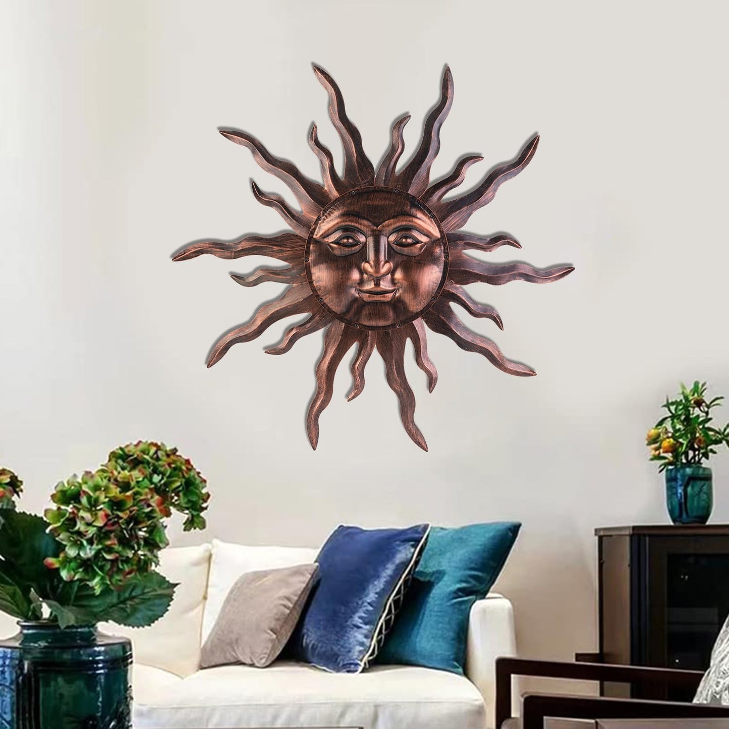 VZVXCC Large Metal Sun Wall Art Decor- 30 inches Sun Wall Hanging Decoration for Indoor Outdoor, 3D Sunshine Face Metal Wall Sculpture for Home Bedroom Living Room Office Garden Yard Patio(Bronze)
