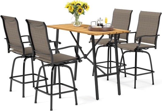 PHI VILLA Outdoor Patio Bar Set for 5, High Top Patio Bar Table and Chairs Set with 4 Patio Swivel Bar Stools & 40" Wooden-Like Steel Bar Height Table for Garden and Yard, Brown & Yellow