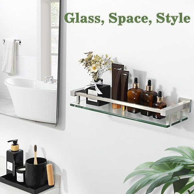 Alise Bathroom Glass Shelf with Stainless Steel Railing, Brushed Nickel Small Tempered Glass Floating Wall Shelf Over The Toilet, 16 inch