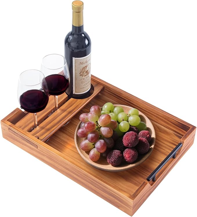 Wood Serving Tray with Handles, 17"x12" Rustic Wooden Trays with Removable Wine Glass Holder Decorative Ottoman Tray for Living Room, Coffee Table, Breakfast Food Trays in Bed