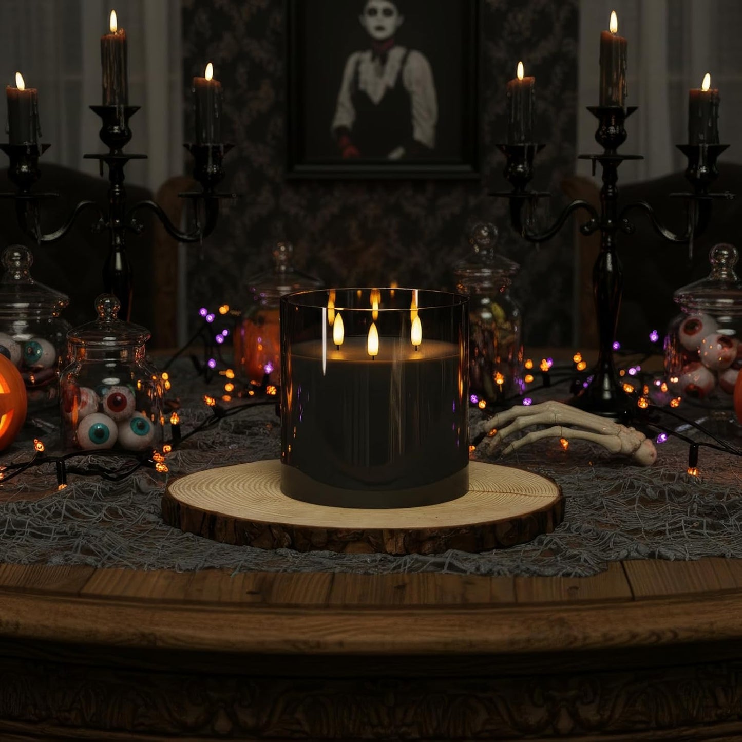 Homemory 6X6'' Extra Large Flameless Candle with 3 Wicks, Glass LED Pillar Candle, Real Wax Battery Operated Candle with Remote Control and Timer, Grey