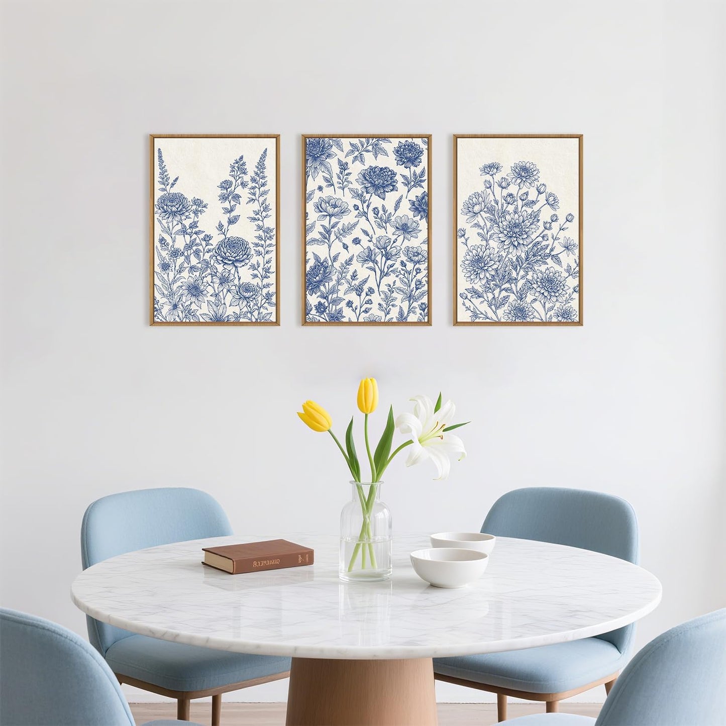 Classic Chinoiserie Floral Framed Canvas Wall Art Set, Blue and White Flower Wall Decor, Navy Watercolor Wall Painting, Minimalist Wildflower Art Print for Living Room, Bedroom - 16"x24"×3