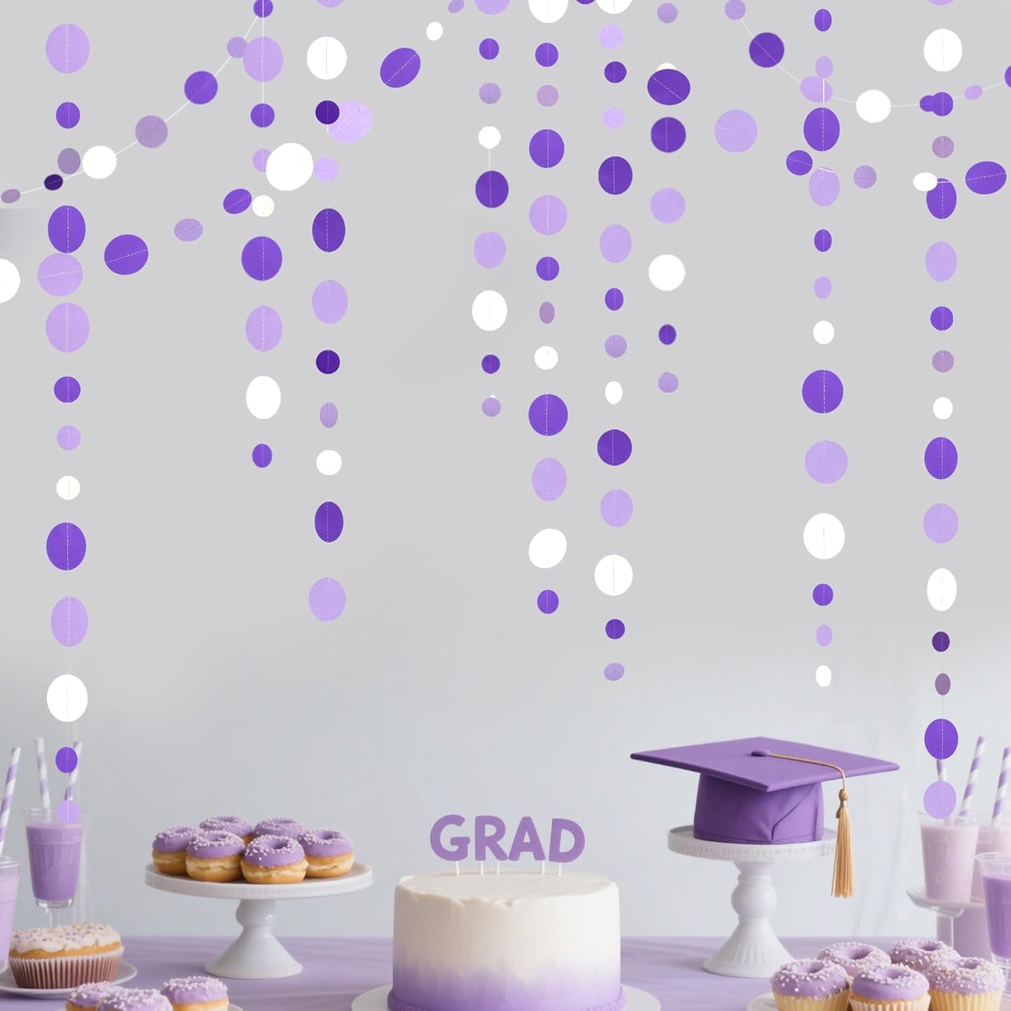 46 Ft Purple and White Circle Dots Garland Lavender Hanging Paper Polka Dot Streamer for Birthday Anniversary Engagement Wedding Baby Bridal Shower Valentine Day Lilac Theme Party Decorations Supplies