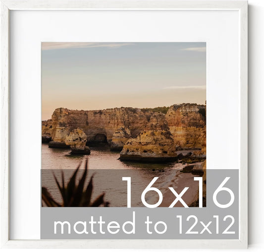 HAUS AND HUES Solid Oak 16”x16” Picture Frame Matted to 12”x12” - 16X16 Square Picture Frame with Mat for 12x12 Picture, White Wood Frame, 16 x 16 Frame with Mat for 12x12 Photo,16x16 Frame with Mat