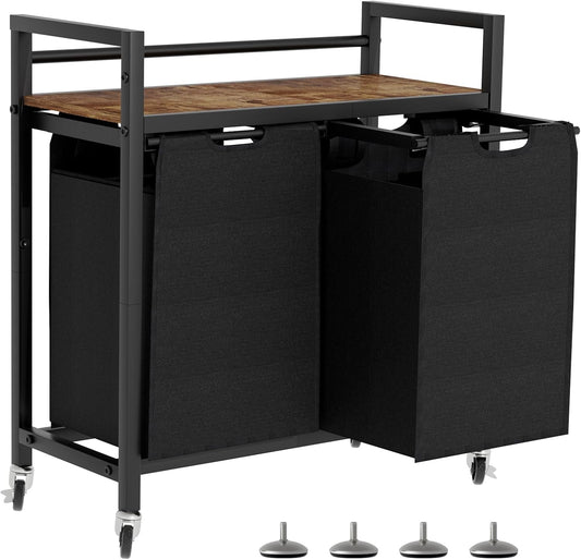 Laundry Hamper, Laundry Basket, Laundry Sorter with 2 Removable Bags, Clothes Basket with 2 Compartments, Wheels, Shelf for Laundry Room Bathroom Bedroom (2 Bags-Black)