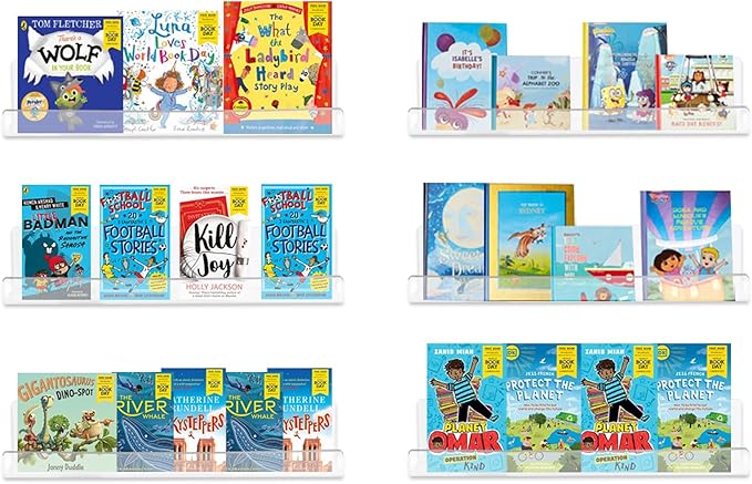 6 Pack Clear Acrylic Floating Shelves for Wall, 15'' Plastic Wall Mounted Display Shelf Kids Bookshelf and Spice Organizer for Bedroom, Living Room, Kitchen, Bathroom, Office