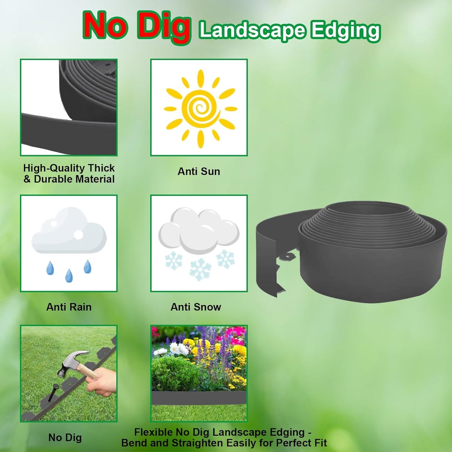 Landscape Edging 33 FT with 30 Spikes, No Dig Garden Edging Border [Extra Tall 4IN High], Flexible Lawn Edging for Landscaping Flower Beds Yard Pathway (Grey)