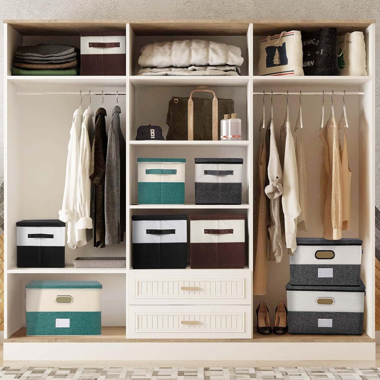 Large Linen Fabric Foldable Storage Bins with Removable Lid and Handles, Washable Storage Box Organizer Containers Baskets Cube with Cover for Bedroom,Closet,Office(Coffee&Cream, Large)