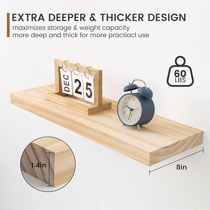 Fun Memories Farmhouse Floating Shelves - 8 Inch Deep Rustic Wood Wall Shelf - Premium Solid Pine Wood Storage Shelf for Kitchen Living Room Bedroom - 24" W x 8" D - Set of 2 - No Stain - Unfinished