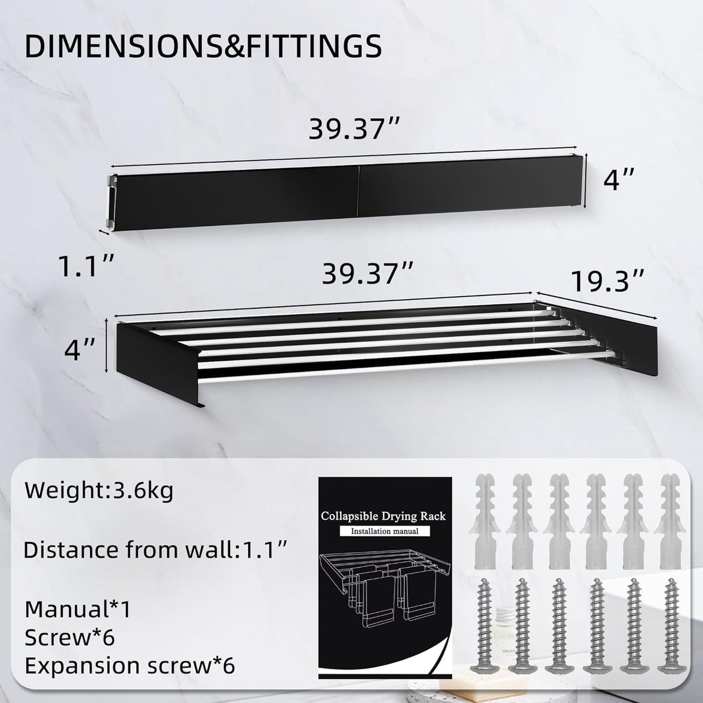 Laundry Drying Rack Collapsible, Wall Mounted Clothes Drying Rack. 39.37" Wide, 19.3 Linear Ft, 5 Aluminum Rods, with Wall Template, Screwdriver Bit (Black 1M)