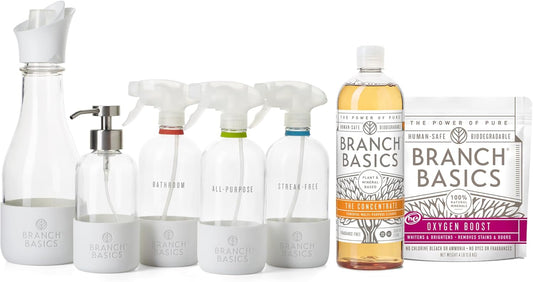 Branch Basics Premium Starter Kit in Glass: All Purpose Cleaner, Glass Cleaner, Bathroom Cleaner, Wash Bottle, and Laundry Bottle (3 Glass Spray Bottles + Concentrate) Fragrance-Free