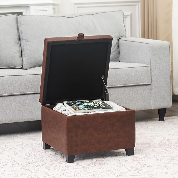 Adeco Faux Leather Storage Ottoman Bench with Wood Legs, 17.7" Square Red and Brown PU Cube Foot Stool, Upholstered Button Tufted Vanity Chair with Hinged Lid for Living Room, Bedroom, Dorm