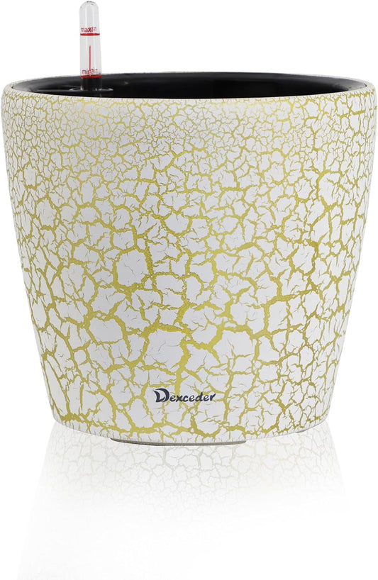 Dexceder 11x10 Inches Self Watering Planter Indoor Outdoor, Inner Pot Design, Thickened Table Flower Plant Pot with Water Level Indicator (White Gold Crackle)