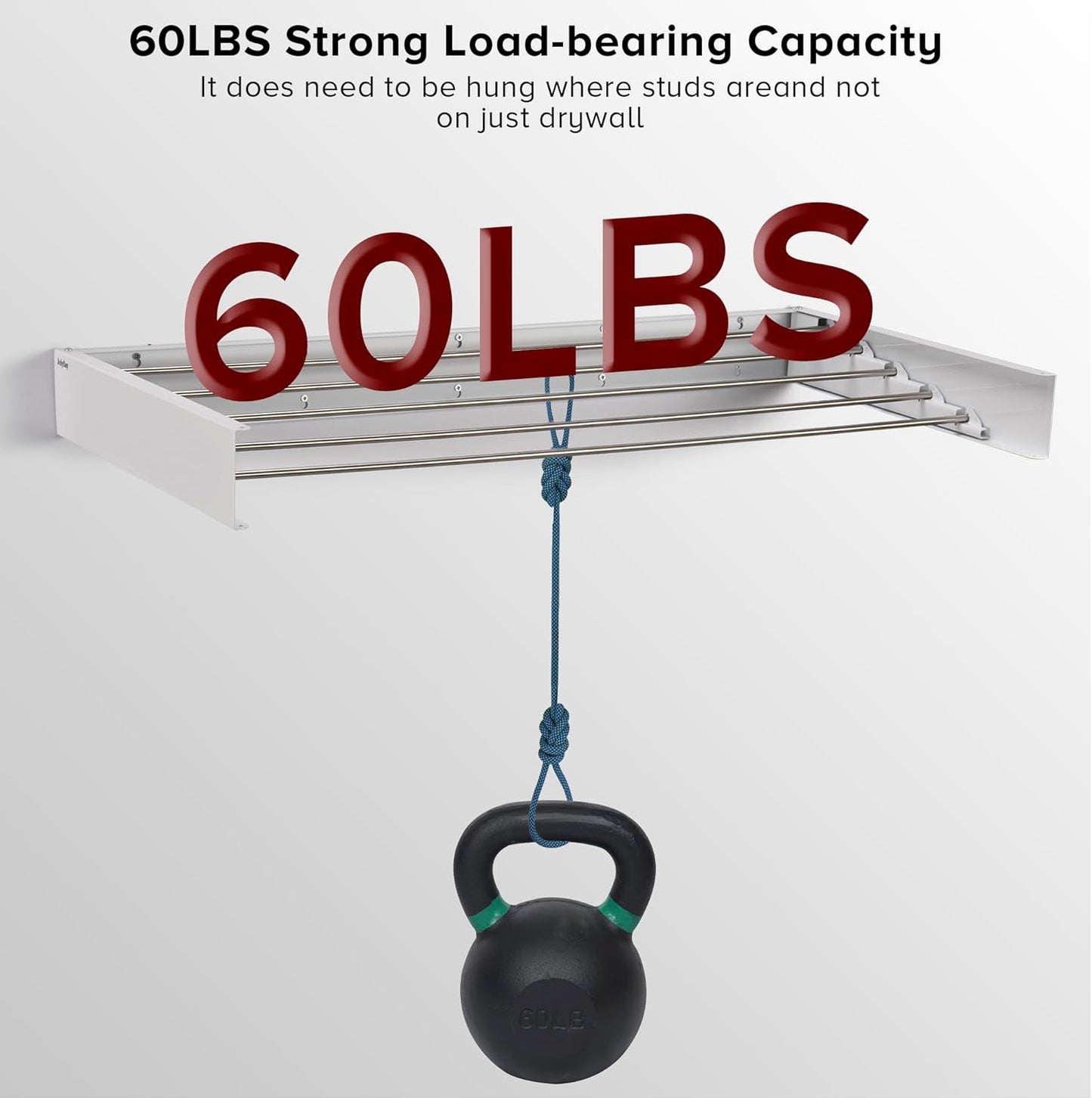 Wall Mounted Laundry Drying Rack, Retractable Clothes Drying Rack for Bathroom with Wall Template, 5 Stainless Rods Heaving 60 lb Capacity (White, 31.5")