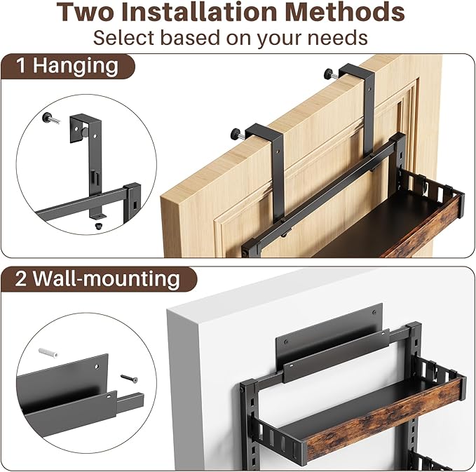 8 Tier Over The Door Pantry Organizer, 2 IN 1 Wall Mount or Metal Hanging Spice Rack for Pantry Organizers and Storage, Seasoning Shelves，Adjustable Basket with Hooks for Kitchen, Bathroom,Laundry