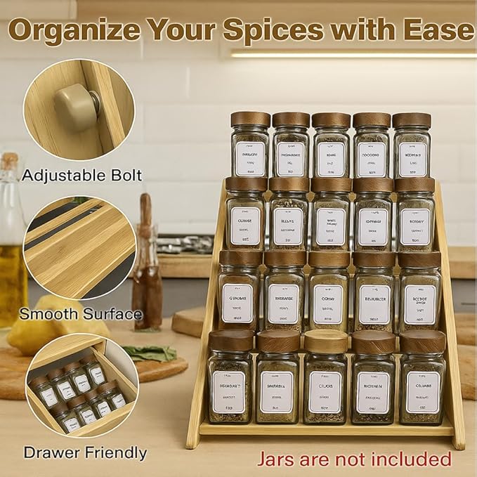 Bamboo Spice Rack Organizer - 3 Tier Foldable Wooden Spice Rack for Countertop, Cabinet & Drawer- Organic Bamboo-Extra Sturdy Wooden Spice Shelf, No Spice Jars Included