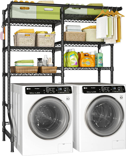 Ulif U13 Over Washer and Dryer Storage Shelves, 6 Tiers Laundry Room Standing Shelf with 2 Hanger Rods, Space Saver Clothes Drying Rack, 63.4" W x 22" D x 77.4" H, Black