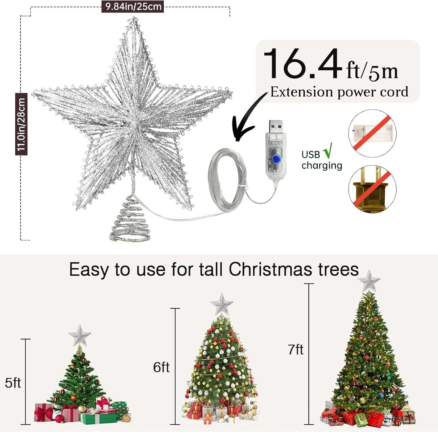 Christmas Tree Topper Star Silver with 50 Colouful LED Lights 8 Lighting Modes Timer, Tradition Tree Topper Star for Home Holiday Xmas Tree Christmas Decor, Colorful Light