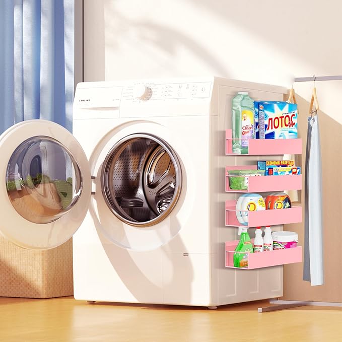 Magnetic Spice Rack Organizer for Fridge Seasoning Organizer for Kitchen Storage With Screw Magnetic Shelf for Oven, RV,Garage,Bathroom (Pink, 4pack)