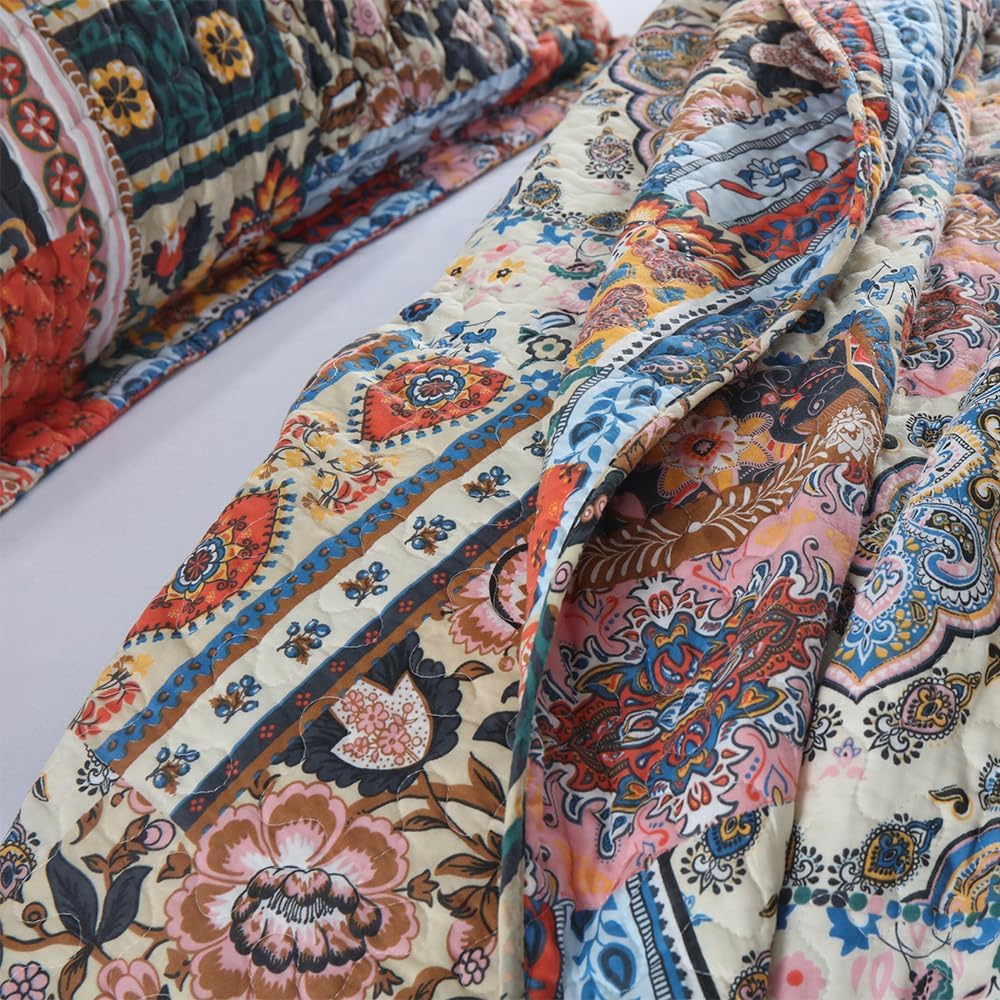 Cotton Bedspread Quilt Sets Reversible Coverlet Sets Comforters Vintage Bohemian Patchwork Bedspread Bedding Sets,Gorgeous Bohemian Floral,Queen Size
