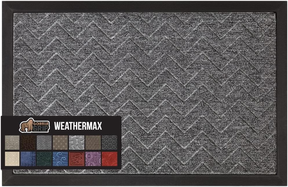 GORILLA GRIP 100% Waterproof All-Season WeatherMax Doormat, 60x24, US Designed Natural Rubber, Stain and Fade Resistant, Low Profile Indoor Outdoor Door Mats, Easy Clean Patio Mat, Steel Chevron