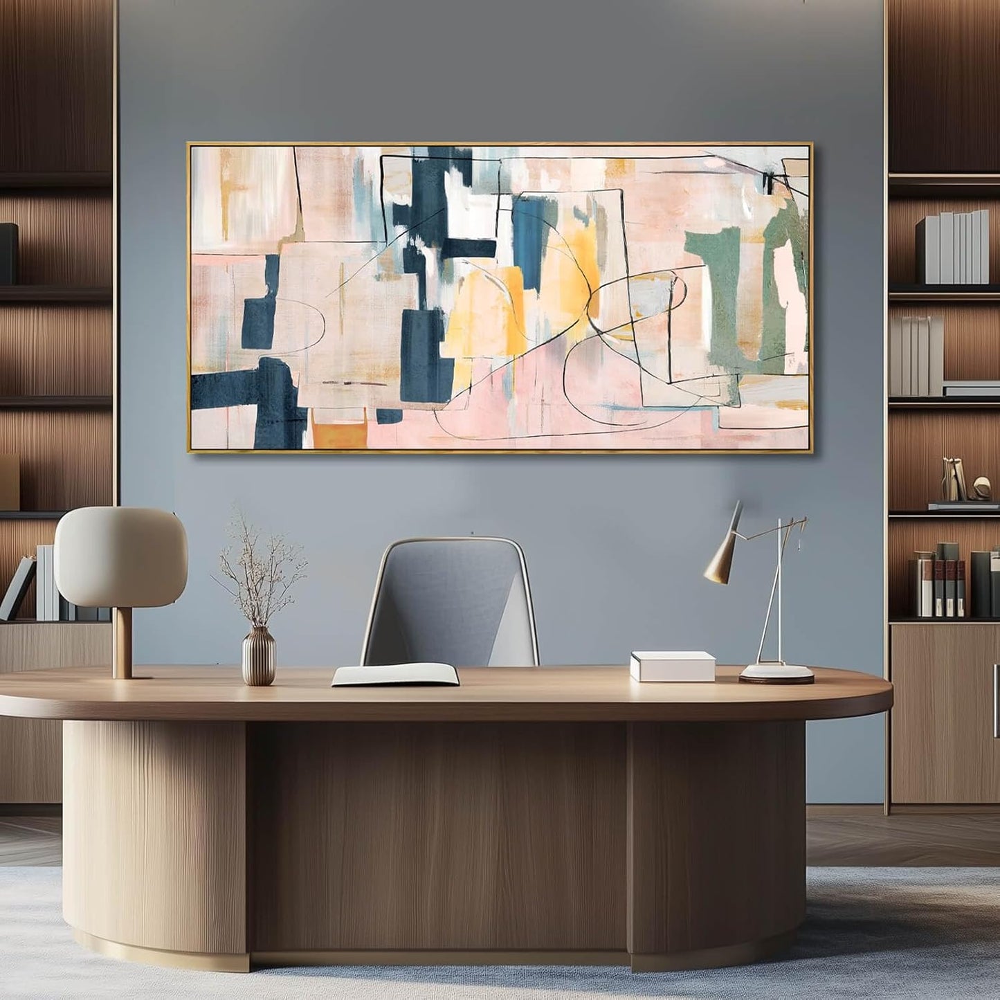 Pink Wall Art Abstract Wall Decorations Navy Blue Artwork Wall Pictures for Living Room Framed Wall Decor 24"x48"