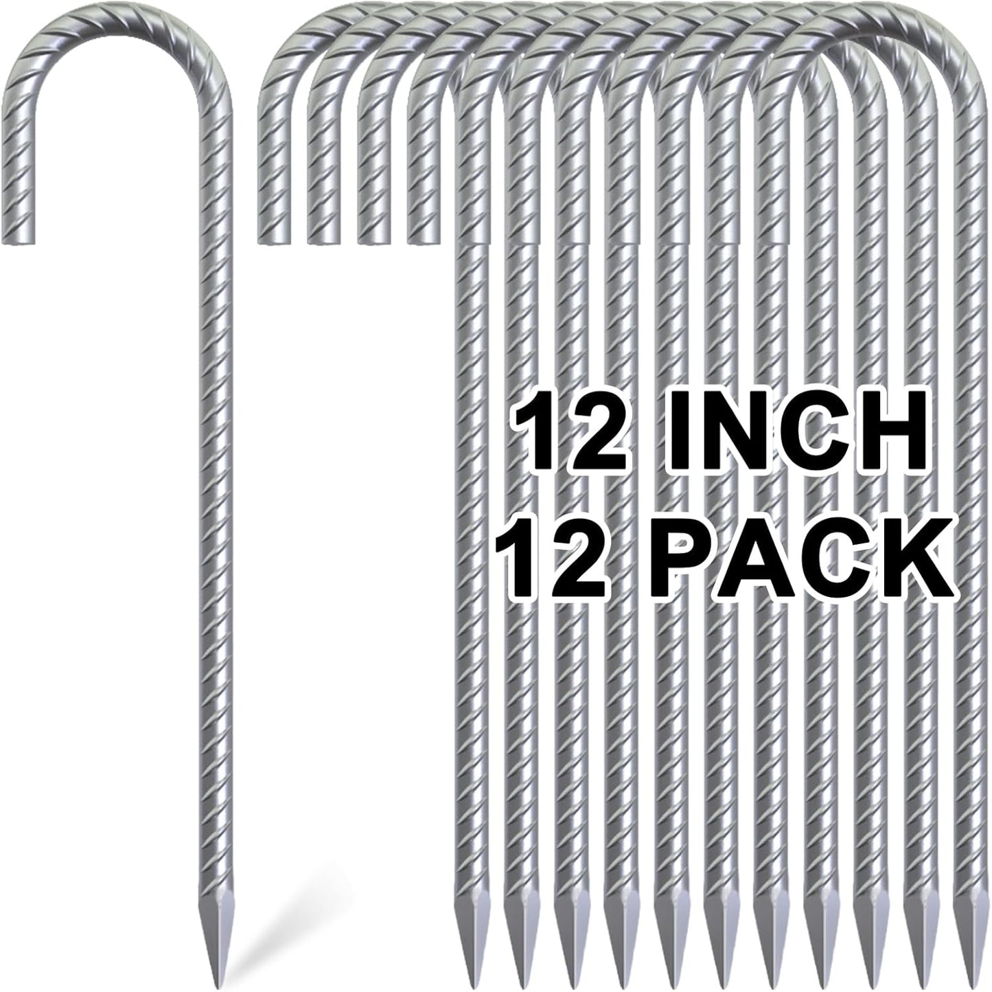 Rebar Stakes 12 Inch, 12 Pack Galvanized Tent Stakes Heavy Duty Ground Stakes, J Hook Metal Fence Stakes for Ground, Outdoor Decoration, Wire Fencing, Gardening