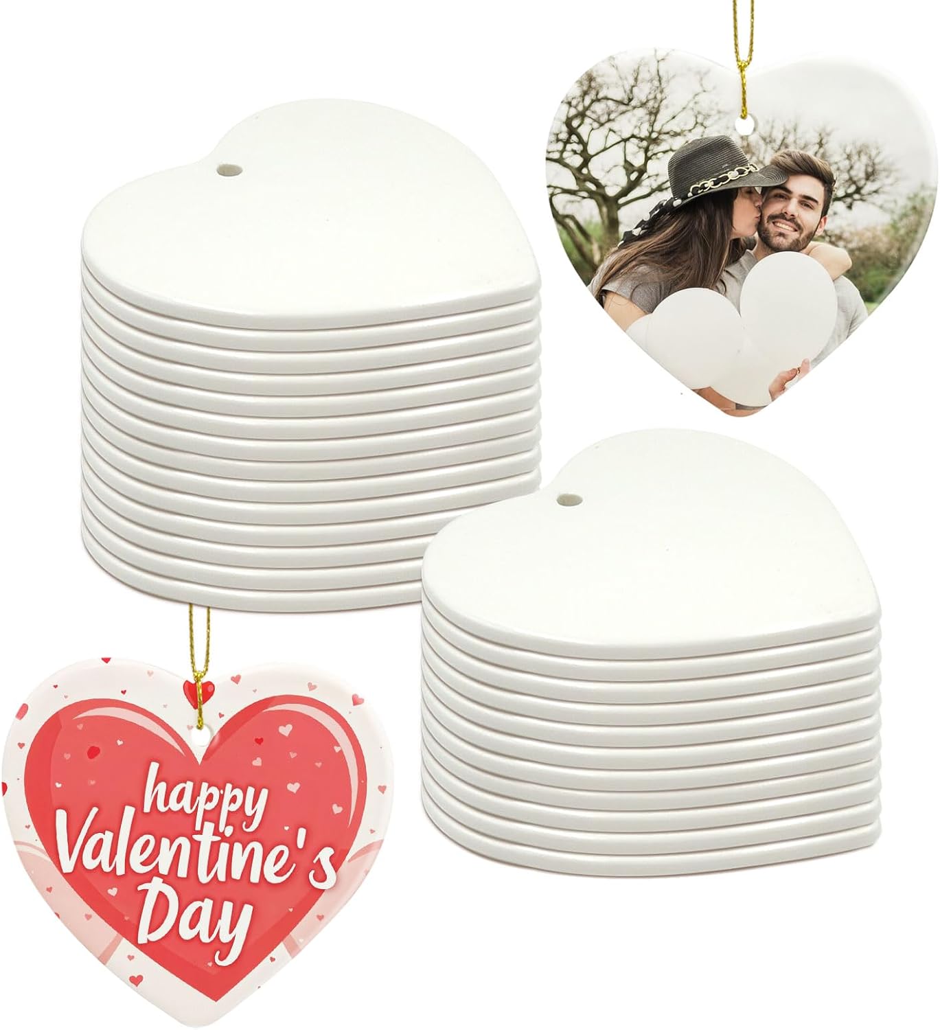 Sublimation Blank Ornaments Sublimation Ceramic Ornament Blanks Bulk Christmas Ornament for Heat Press Printing White Porcelain Ornament Personalized Decoration Supplies for Christmas(25, Heart)