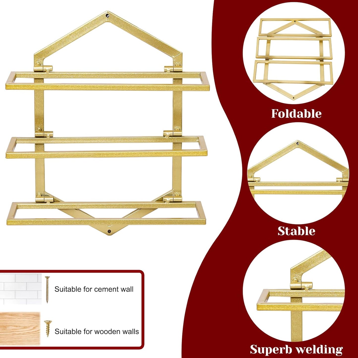 2Pcs Wall Mounted Wine Stemware Rack, Metal Hanging Wine Glass Display Holde Holds 3 Bottles, Elegant Storage for Kitchen Dining Room Bar Wine Cellar (Gold)