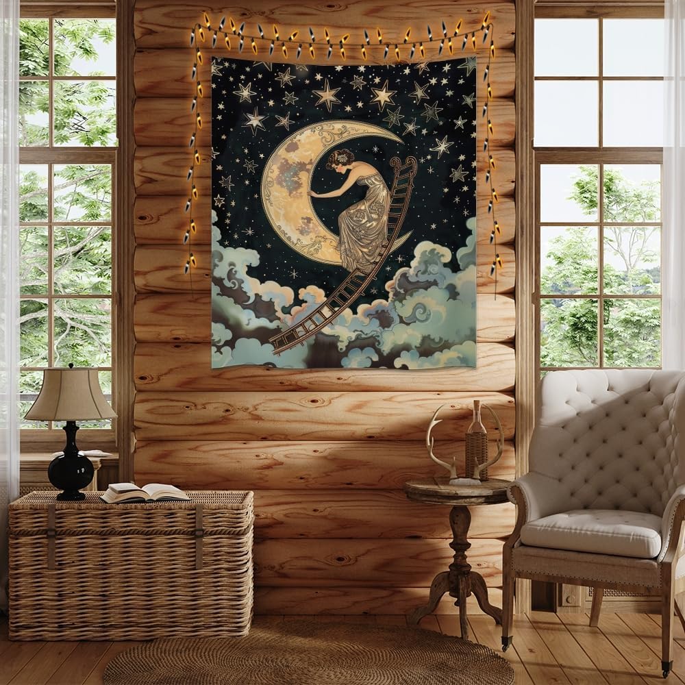Dark Academia Gothic Aesthetic Tapestry ladder to The Moon and Stars Wall Hanging Print Trendy Vintage Art Nouveau Tapestries Decor for Home Bedroom Living Room 70x90inch