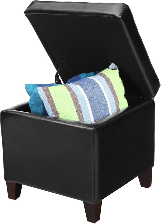 Adeco Storage Ottoman Foot Rest Stool, Leather Ottoman Footstool with Wood Legs and Hinged Lid, 18" Small Foot Stool Bench for Living Room, Bedroom, Black
