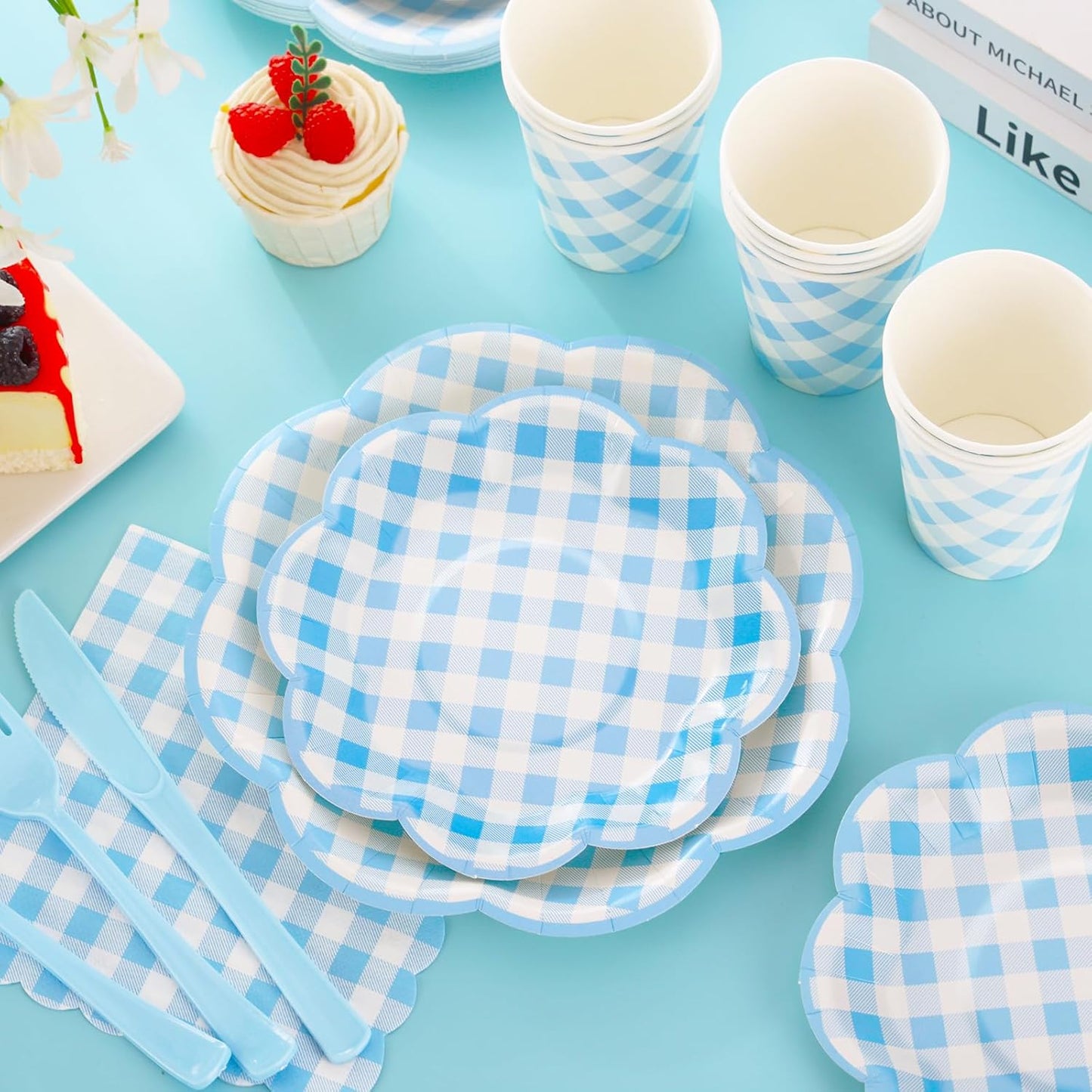 175 Pcs Blue Gingham Plates and Napkins Party Supplies - Blue and White Checkered Plates Sets Serve 25 Guests - Scalloped Gingham Paper Plate for Birthday Dinner Wedding Baby Shower Party Decorations