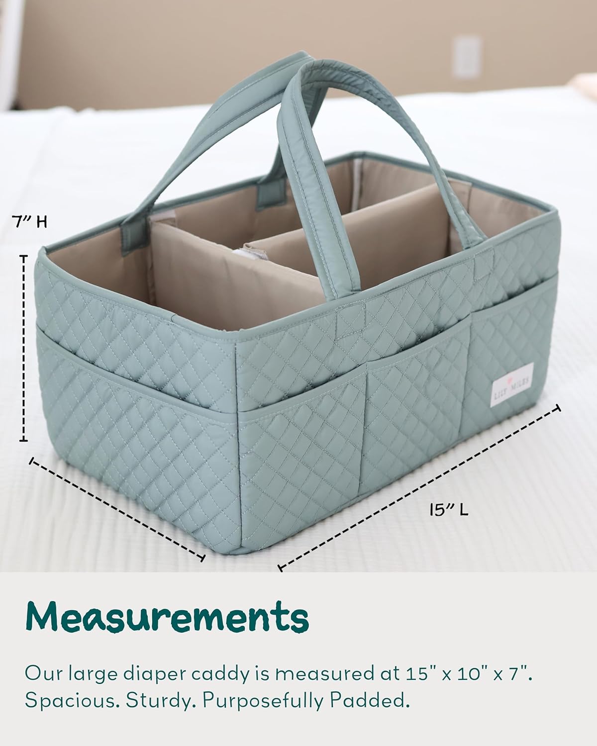 Lily Miles Baby Diaper Caddy Organizer, Quilted Nursery Storage Basket for Newborn Essentials and Diaper Changing Station, Gift for Baby Shower and Registry Must-Have (Willow Green)