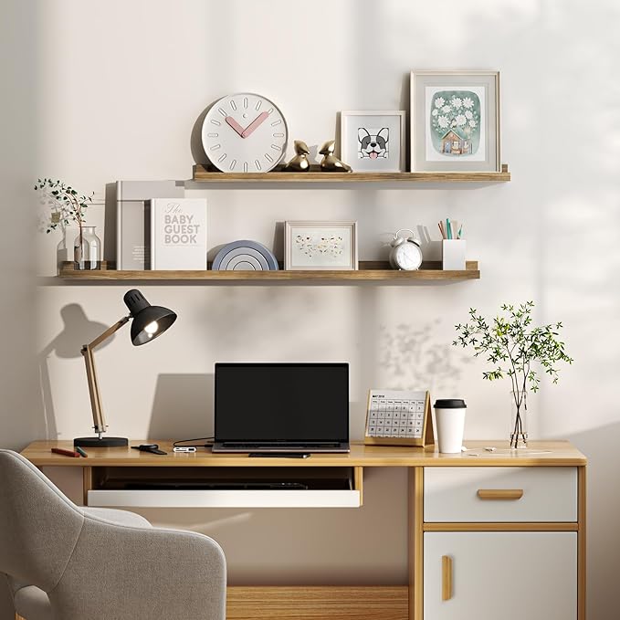 Floating Shelves for Wall, Picture Ledge Shelf 55 Inch Solid Wood Set of 2, Rustic Wall Shelves with Lip, Kids Bookshelf, Photo & Picture Live Edge Floating Shelves for Bedroom, Living Room, Kitchen