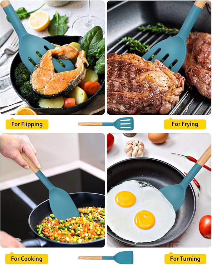 Pack of 2 Silicone Cooking Spatula, Heat Resistant Solid Turner, Non Stick Slotted Spatulas with Wooden Short Handle,Ideal Wood Kitchen Utensils Set for Frying, Baking, Flipping, Turning