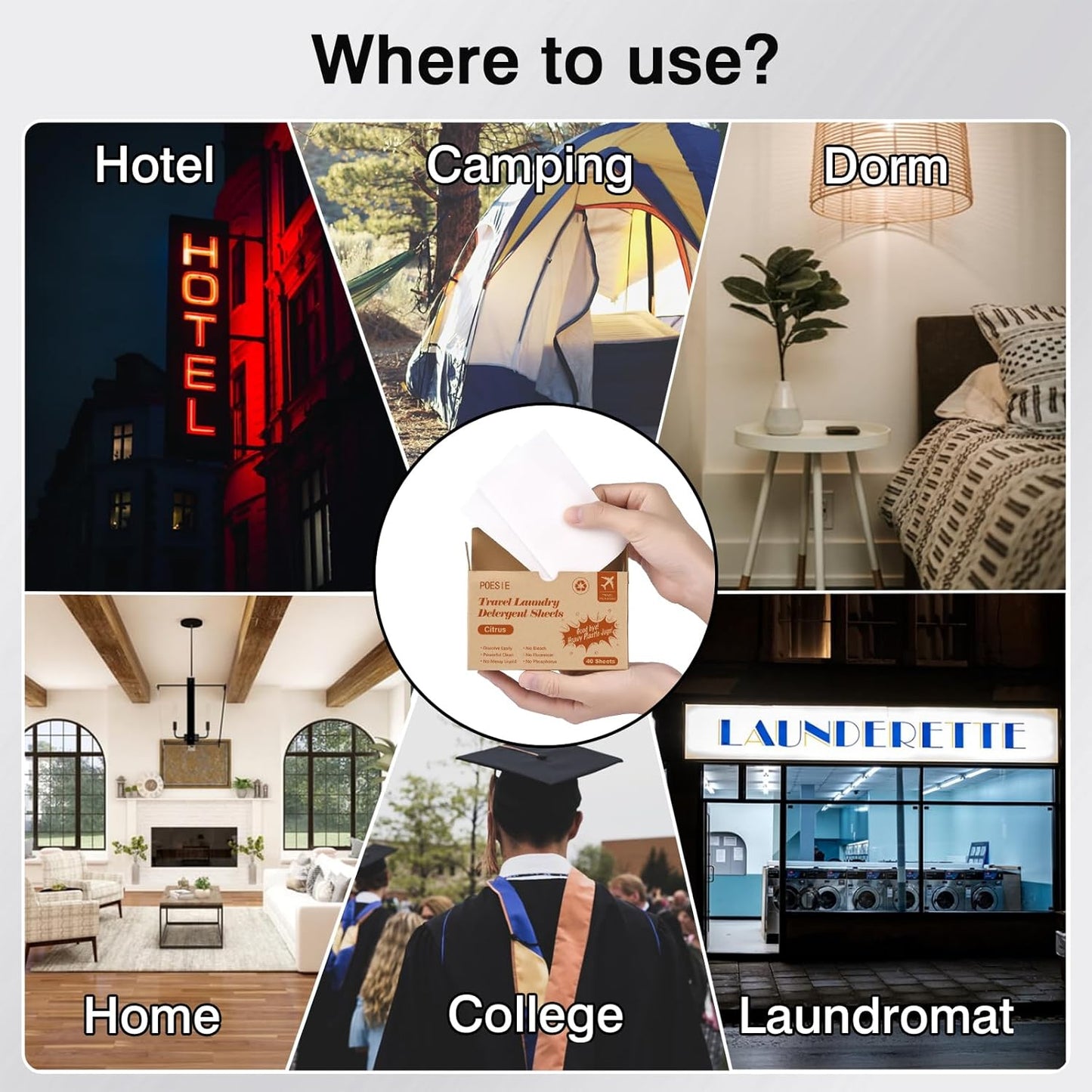 Poesie Citrus Travel Laundry Detergent Sheets 40 Sheet Plastic Free No Waste Laundry Soap Sheet for Travel Dorm Home