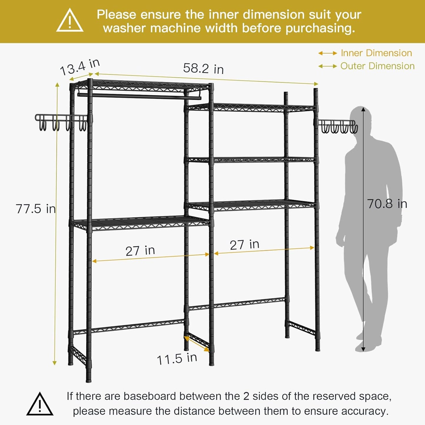 Ulif U5 Over the Washer and Dryer Storage Shelf, Laundry Room Space Saver Bathroom Storage and Organizer Rack for Hanging Towels and Drying Clothes with 5 Wire Shelves, 58.2"W x 13.4"D x 77.5"H, Black