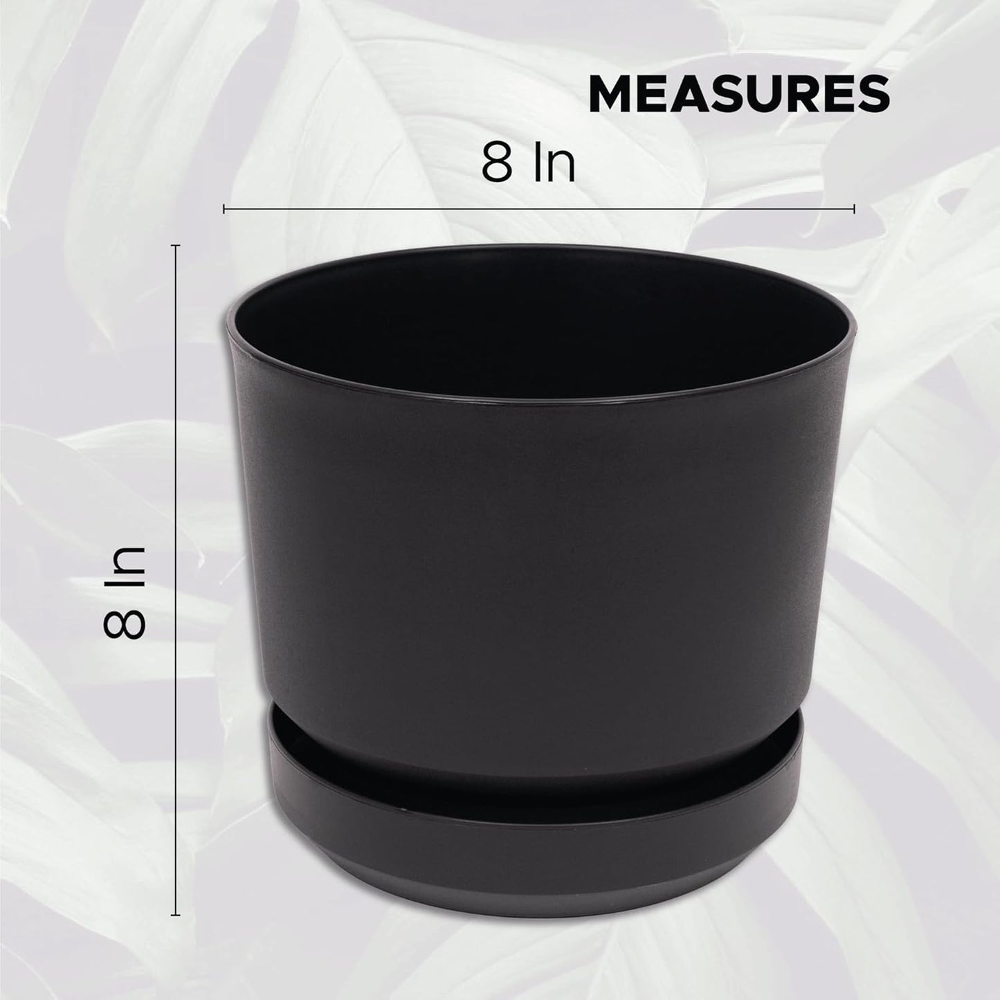 Elly Décor 8 inch Plastic Cylinder Planter Pot with Self-Watering Saucer and Drainage Hole,Lightweight & Extremely Durable, 8"x 8", Black