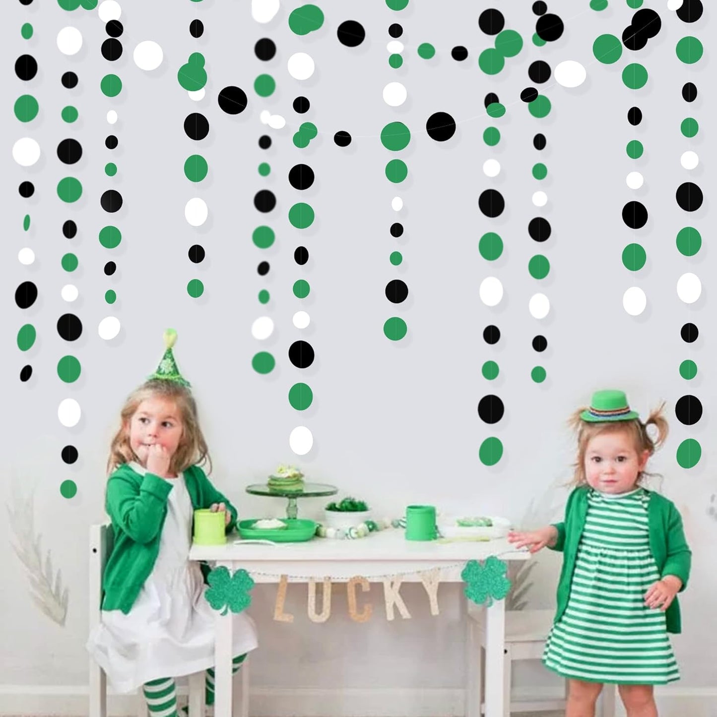 46 Ft Black Green Party Decorations Polka Dots Garlands Green and Black White Hanging Paper Circle Dots Streamer for Birthday Graduation Wedding Baby Shower Soccer Video Game Party Decoration Supplies