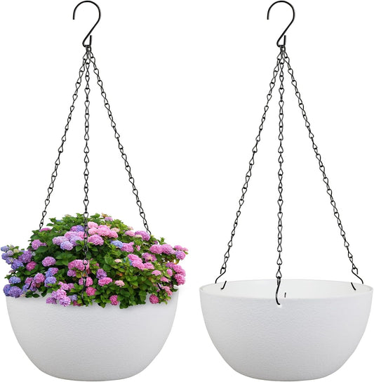 8 inch Small Hanging Planters for Indoor Outdoor Plants, 2 Pack Hanging Flower Pots with Drainage Holes and Chain for Garden Porch Plants, Plastic Hanging Baskets for House Plants, White
